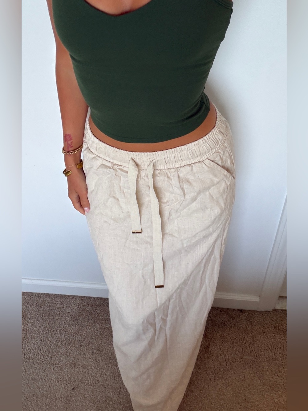 Cream Drawstring linen Maxi Skirt